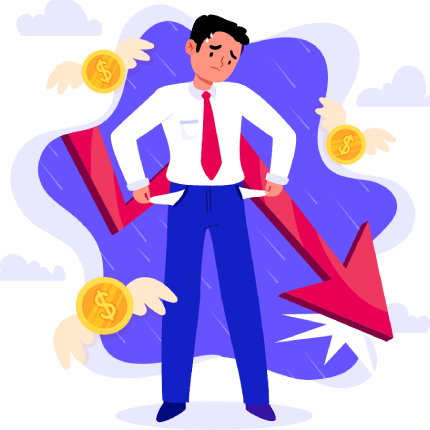 homem com falta de dinheiro e a seta vermelha pra baixo