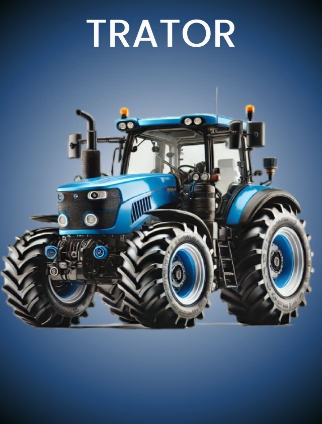 um card de trator azul com o fundo azul