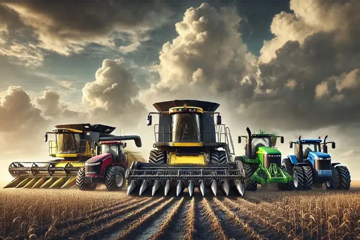 trator, plantadeira, pulverizador, e colheitadeira um ao lado do outro